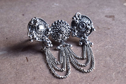 Silver Oxidised Mirror Chakshu Tassel Cuff Finger Ring