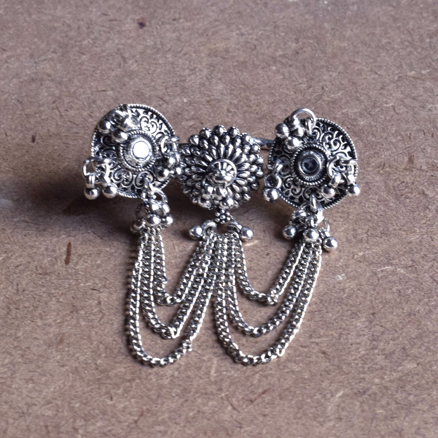 Silver Oxidised Mirror Chakshu Tassel Cuff Finger Ring