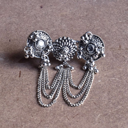 Silver Oxidised Mirror Chakshu Tassel Cuff Finger Ring