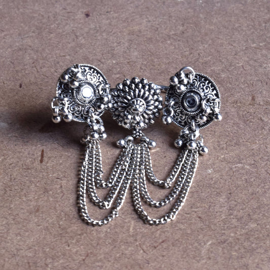 Silver Oxidised Mirror Chakshu Tassel Cuff Finger Ring