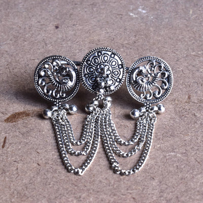 Silver Oxidised Mayur Tassel Cuff Finger Ring