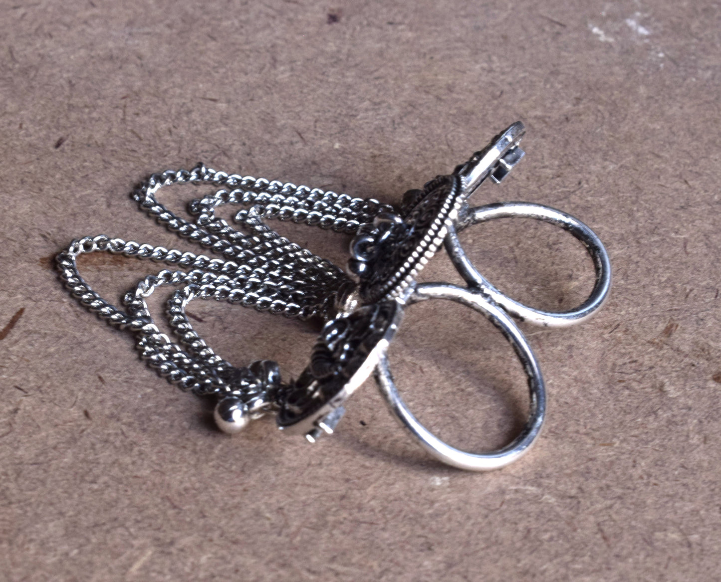 Silver Oxidised Mayur Tassel Cuff Finger Ring