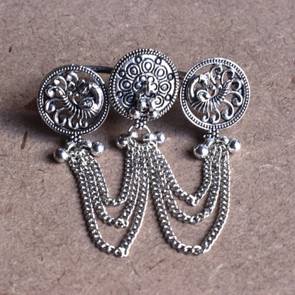 Silver Oxidised Mayur Tassel Cuff Finger Ring