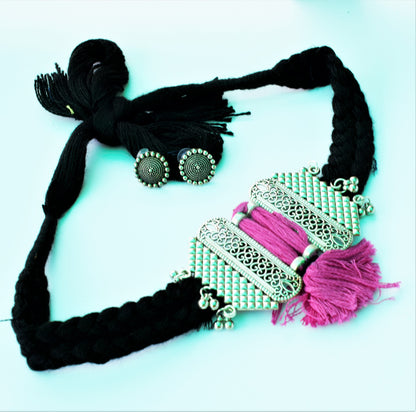German Silver Jharokha Fabric Necklace Set