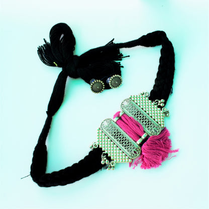 German Silver Jharokha Fabric Necklace Set
