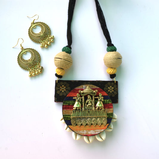 Golden Oxidised Palki Pendant Multicolored Fabric Necklace Set