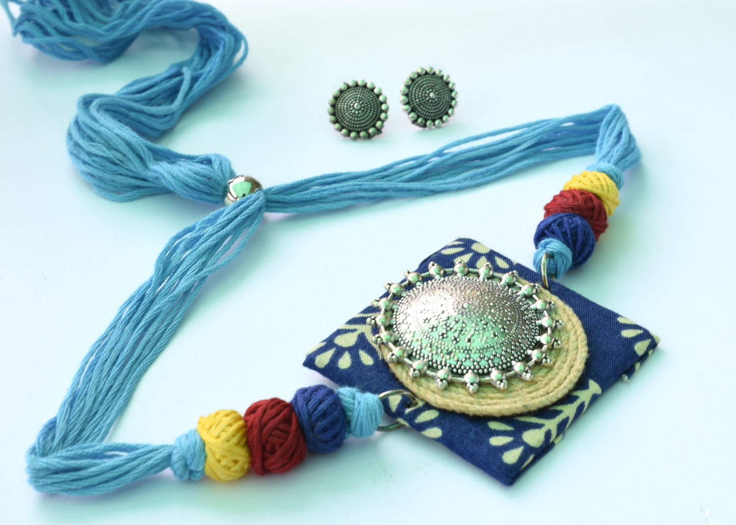 Silver Oxidised Chandra Jute Fabric Necklace Set