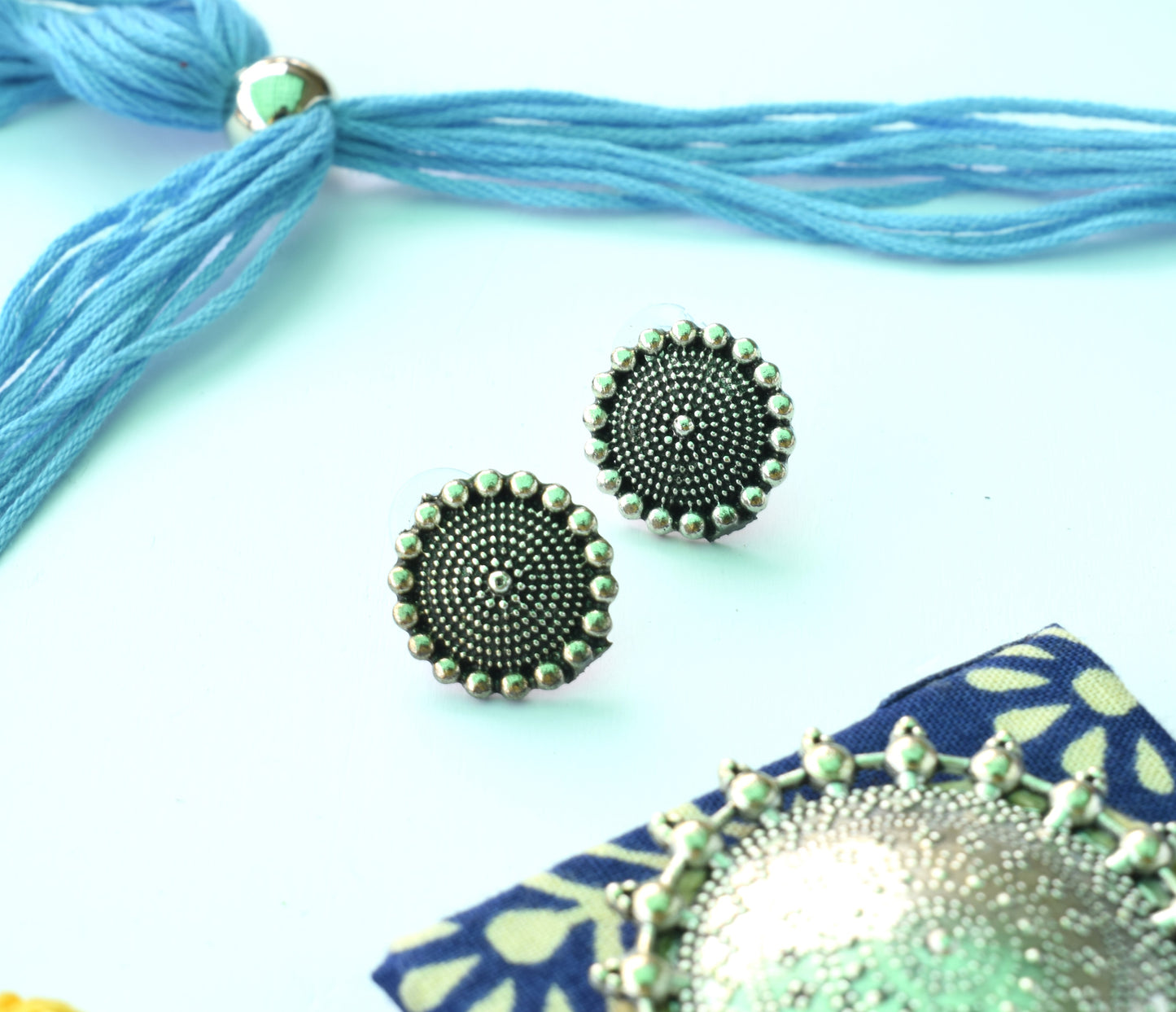 Silver Oxidised Chandra Jute Fabric Necklace Set