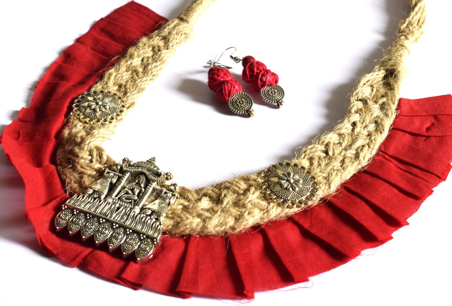 German Silver Palki Pendant Jute Fabric Necklace Set