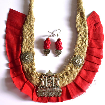 German Silver Palki Pendant Jute Fabric Necklace Set