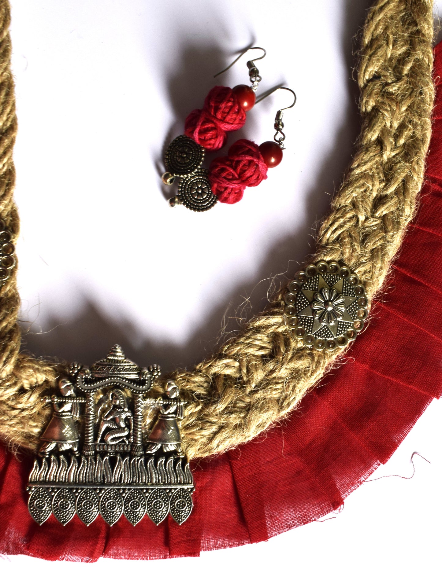German Silver Palki Pendant Jute Fabric Necklace Set
