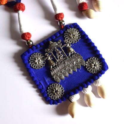Blue and Black Fabric Necklace Set with Palki Pendant