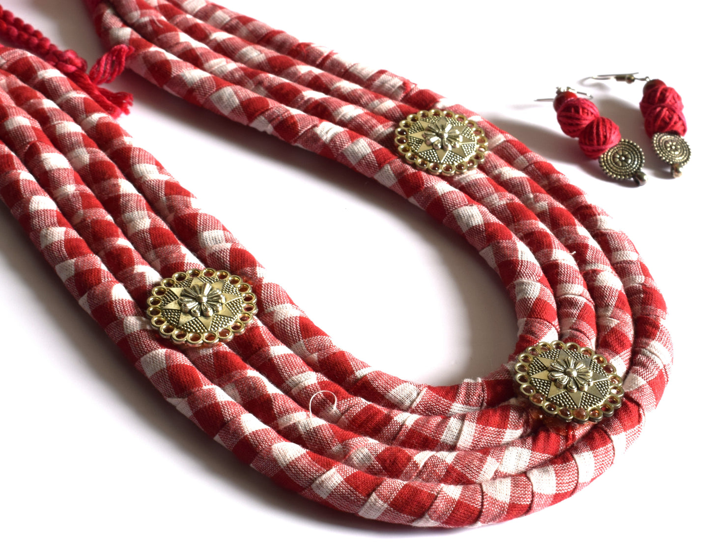 Red and White Silver Oxidised Floral Coin Fabric Rope Necklace Set