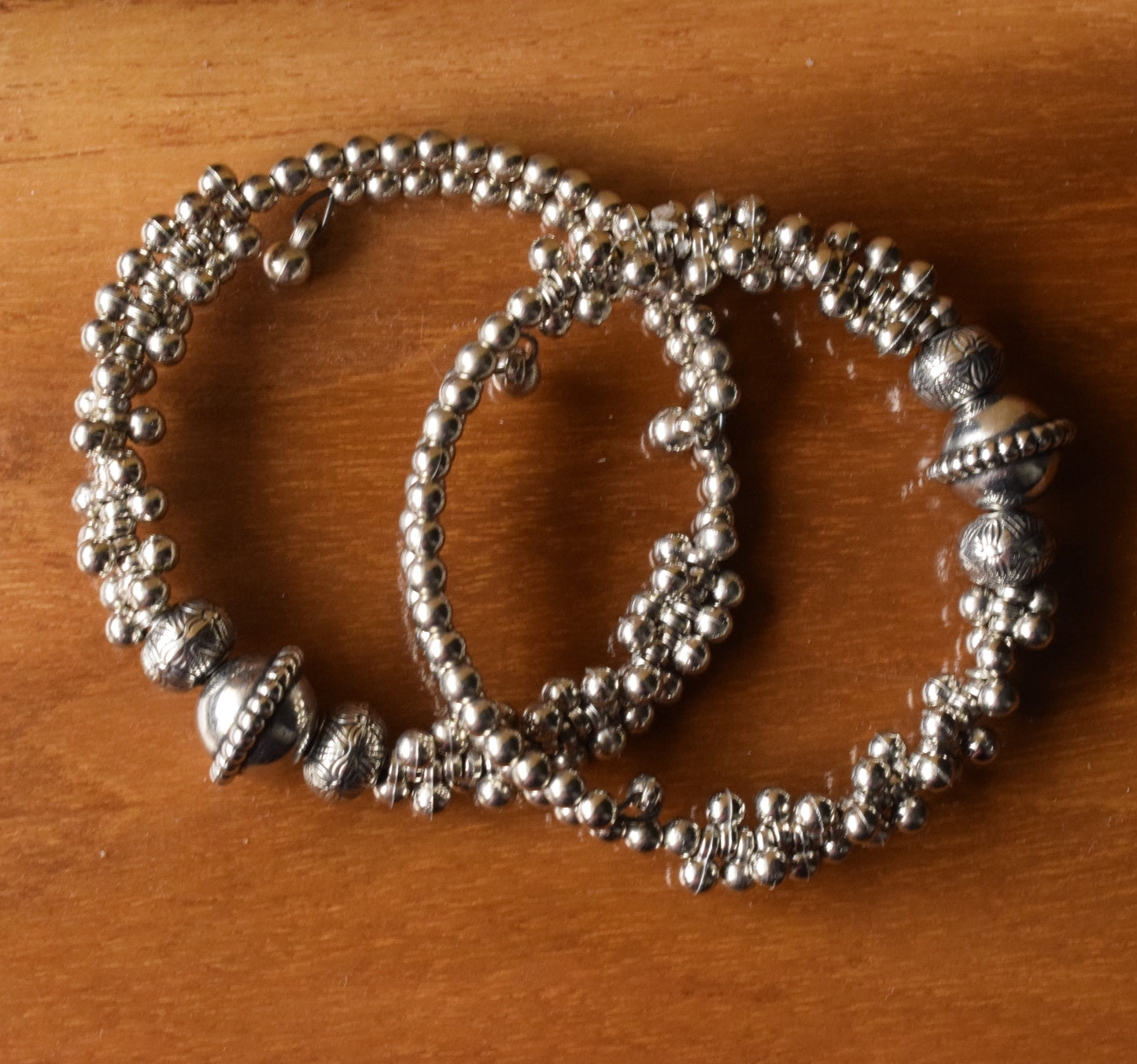 Boho Silver Bead Bangle (Pair)