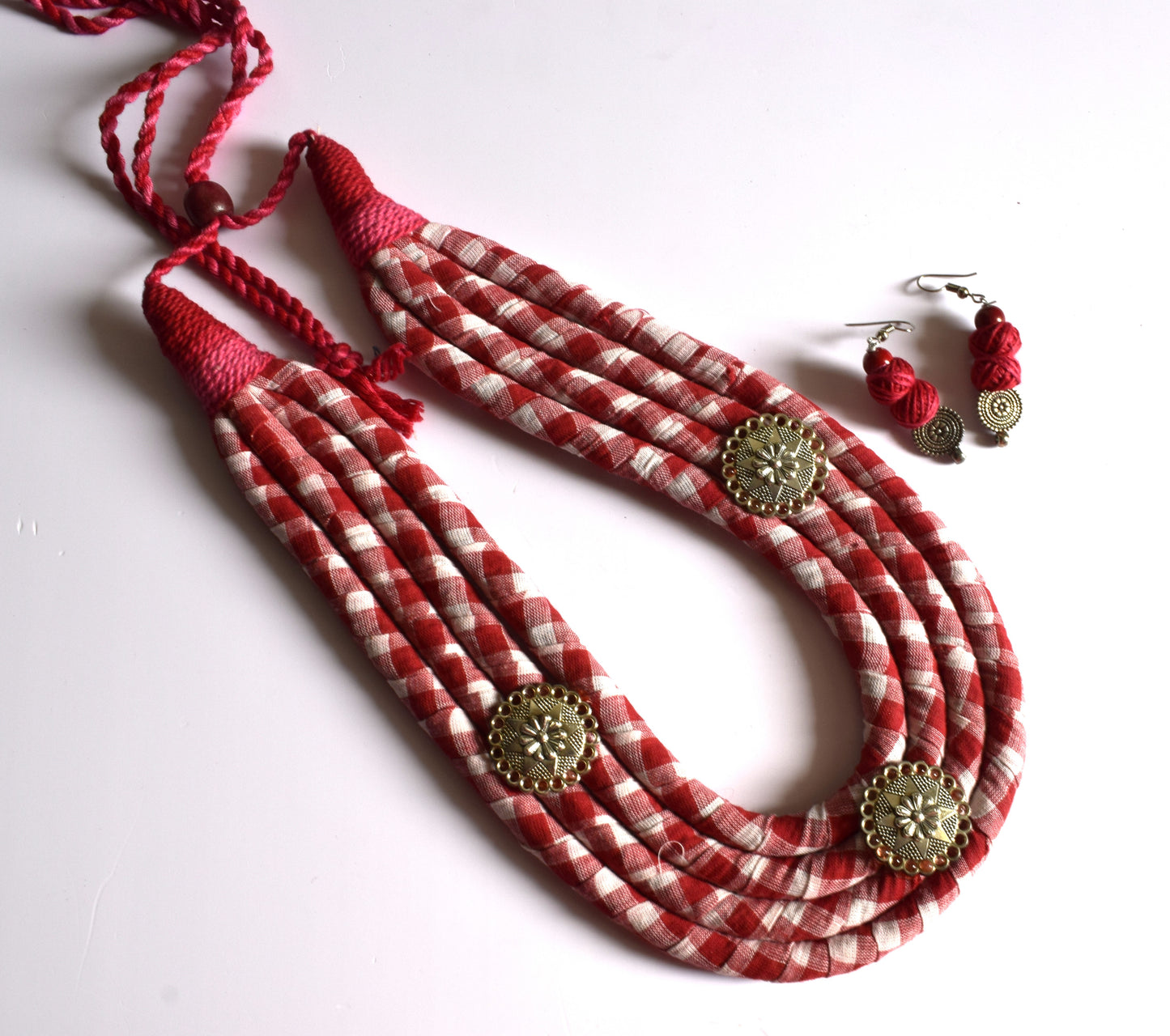 Red and White Silver Oxidised Floral Coin Fabric Rope Necklace Set