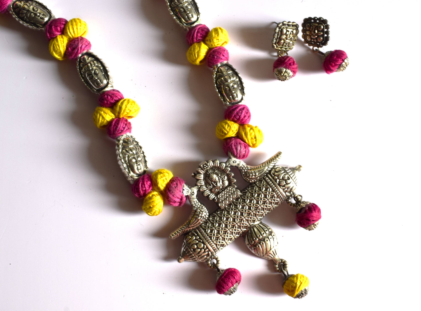 Pink and Yellow Buddha and Ganesh Pendant Necklace