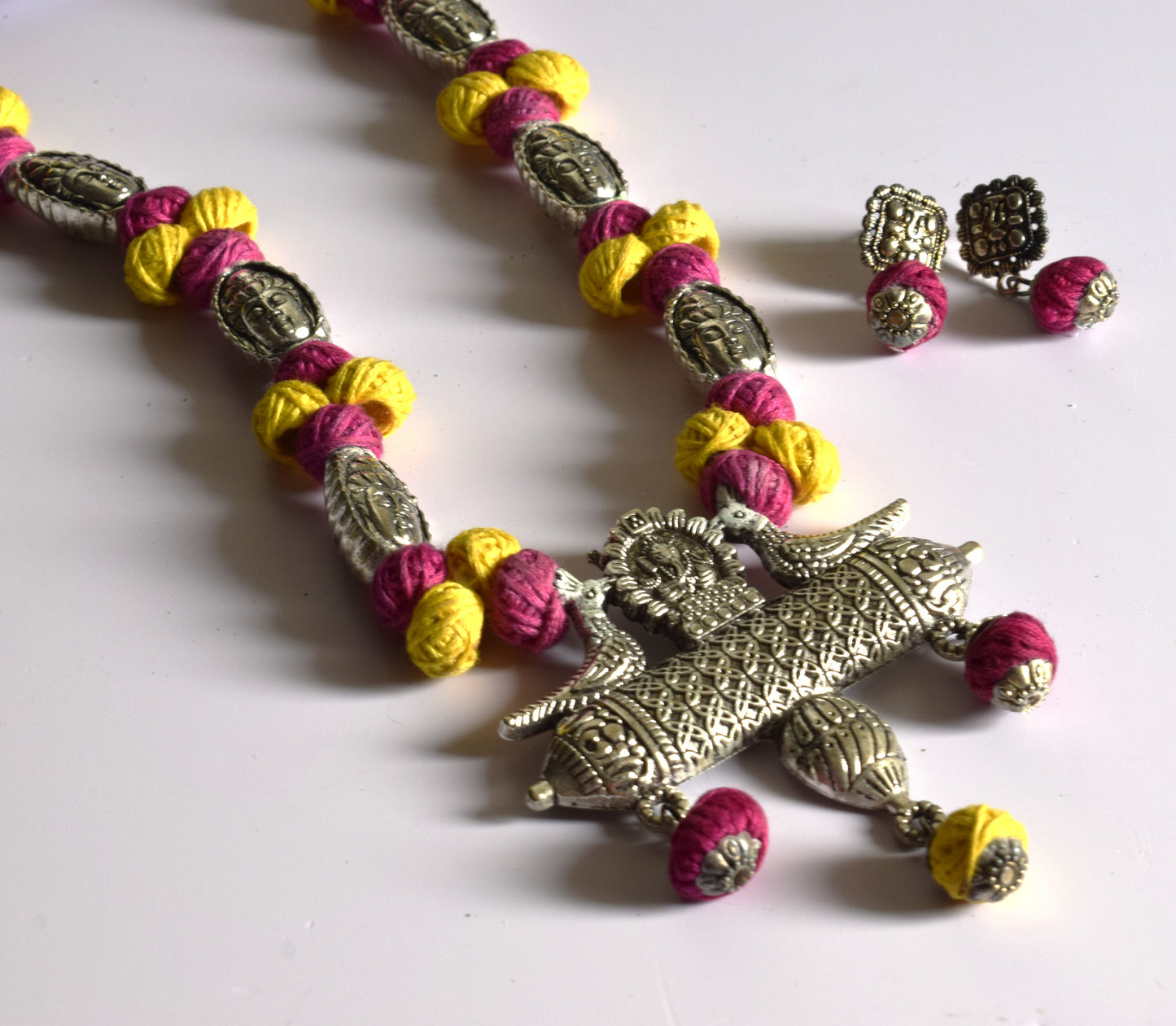 Pink and Yellow Buddha and Ganesh Pendant Necklace