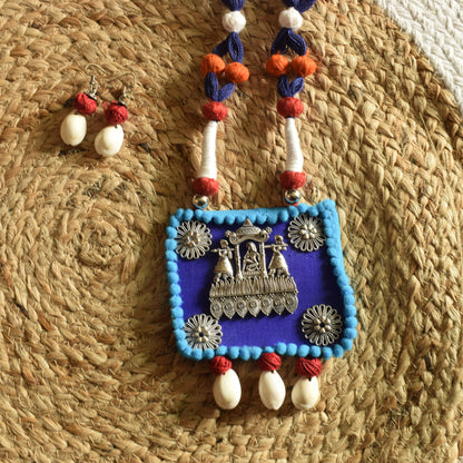 Blue and Black Fabric Necklace Set with Palki Pendant