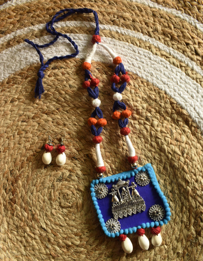 Blue and Black Fabric Necklace Set with Palki Pendant