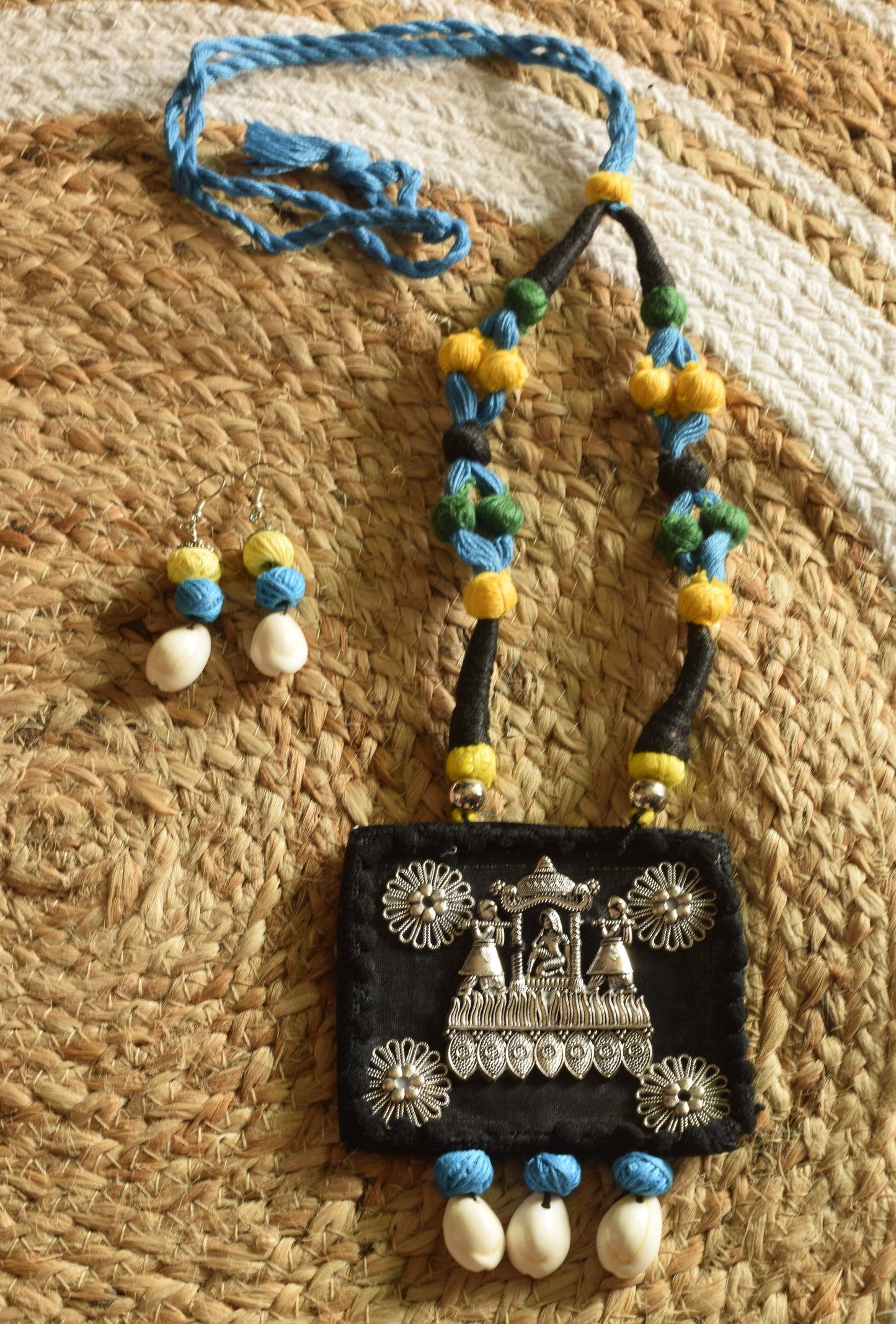 Blue and Black Fabric Necklace Set with Palki Pendant