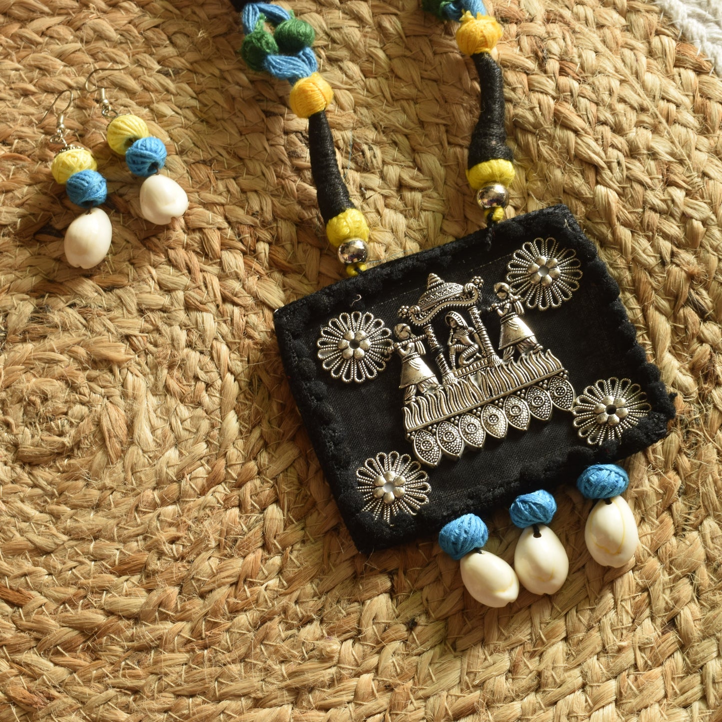 Blue and Black Fabric Necklace Set with Palki Pendant