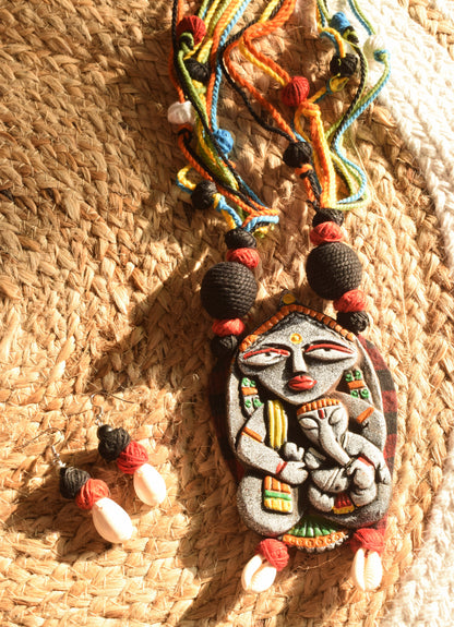 Terracotta Gauri Putra Ganesh Pendant Jute Necklace with Sea Shell Earrings