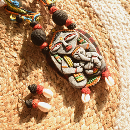 Terracotta Gauri Putra Ganesh Pendant Jute Necklace with Sea Shell Earrings