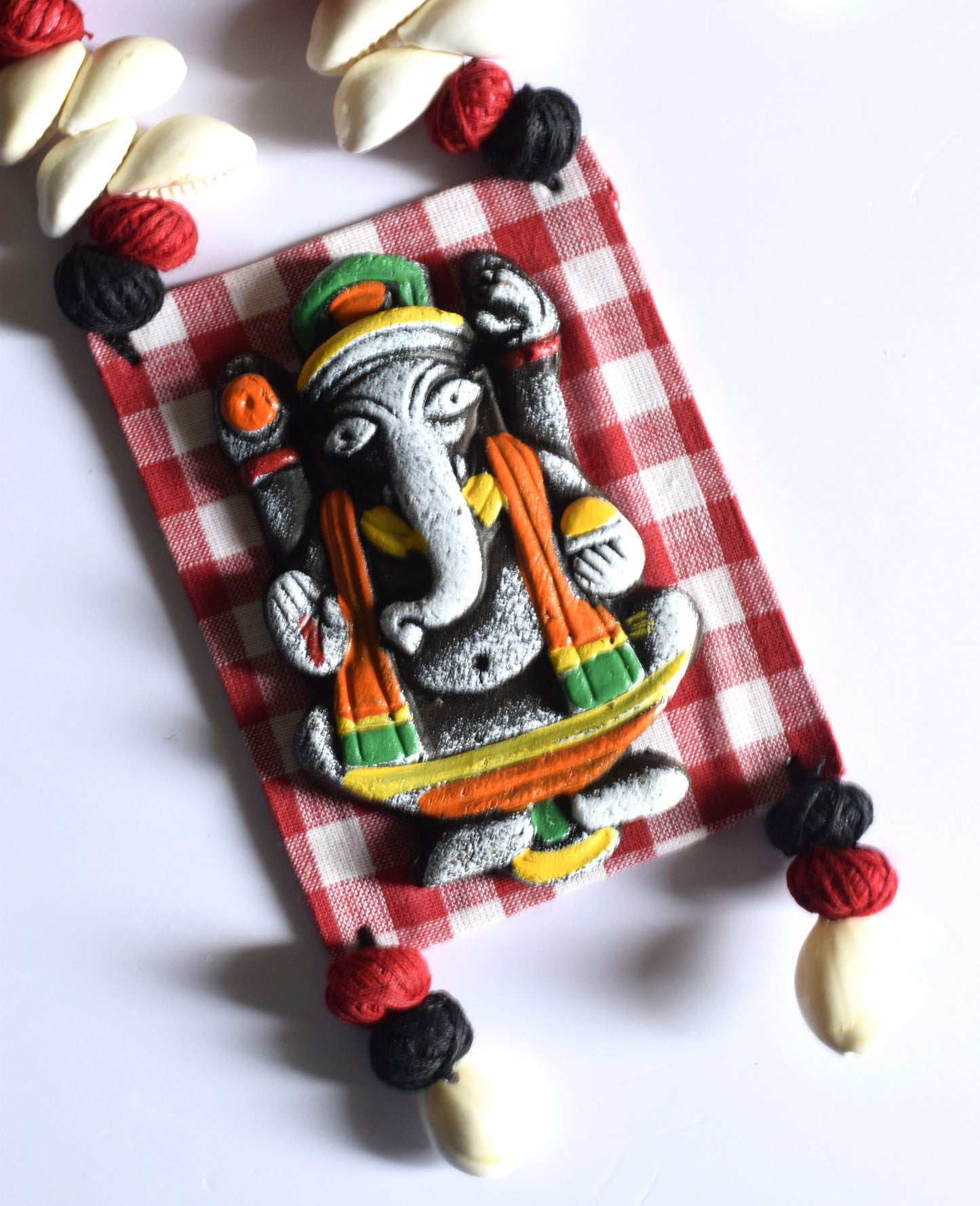 Terracotta Ganesh Pendant Fabric Necklace with Sea Shell Earrings