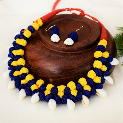 Layered Fabric Bead Choker Necklace with Sea Shell Danglers - Glitter Gleam
