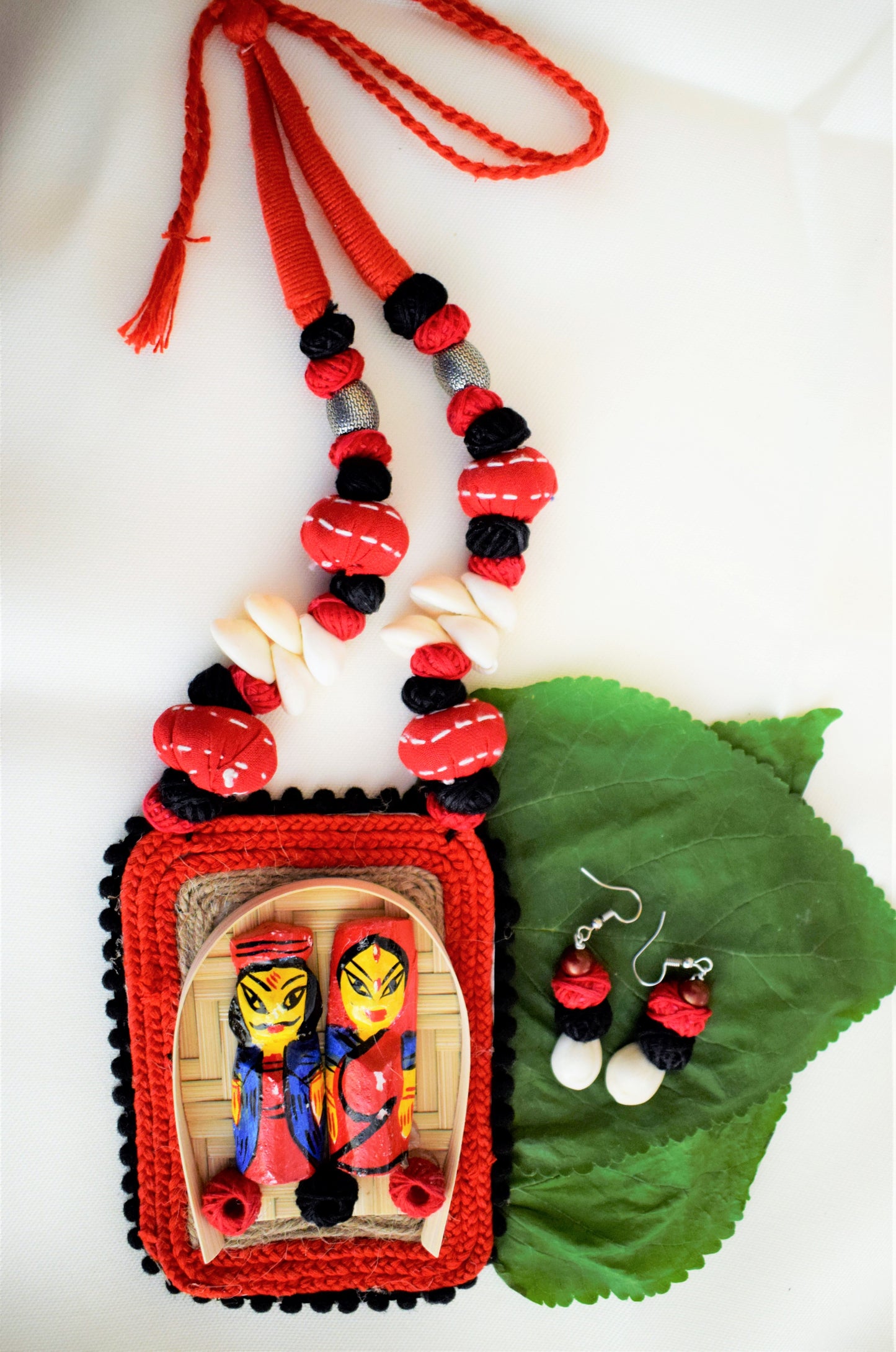 Bamboo Dolls Pendant Fabric Necklace with Shell Earrings