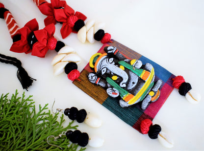Terracotta Ganesh Pendant Fabric Necklace with Sea Shell Earrings