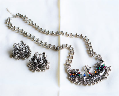 Silver Oxidised Lakshmi Trishul Necklace Set
