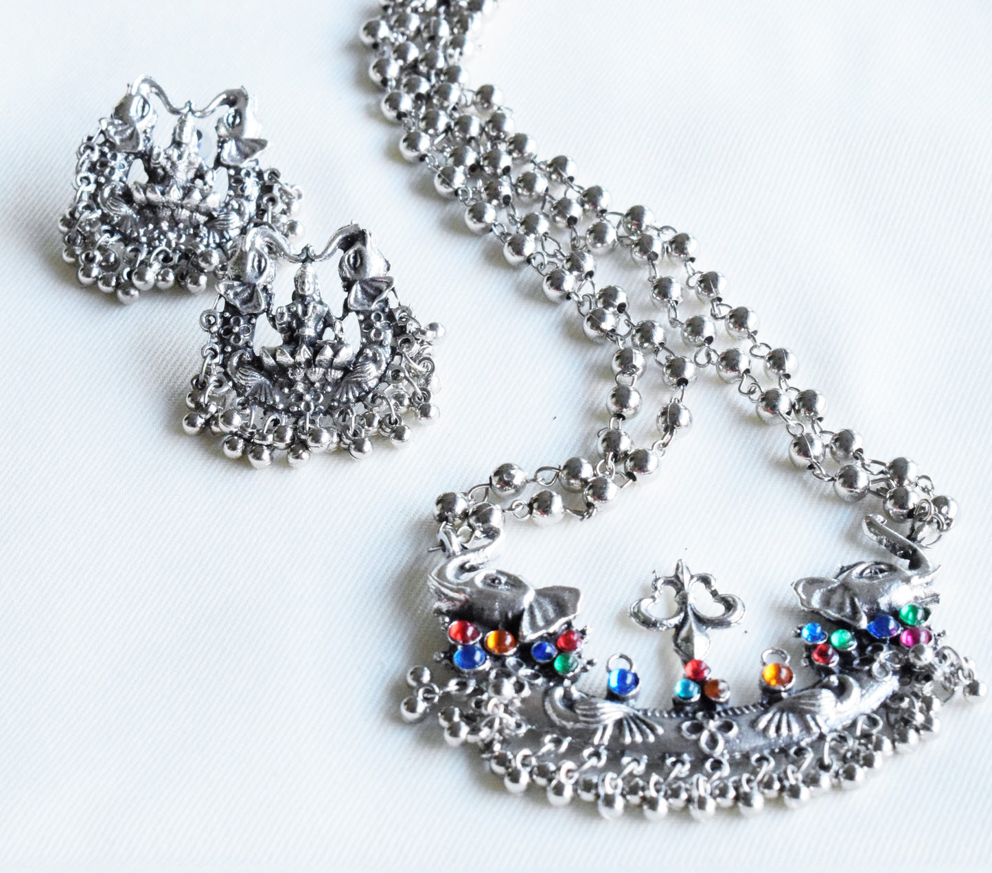 Silver Oxidised Lakshmi Trishul Necklace Set