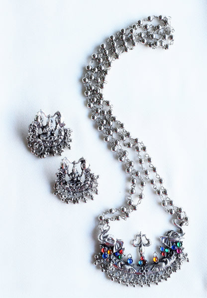 Silver Oxidised Lakshmi Trishul Necklace Set