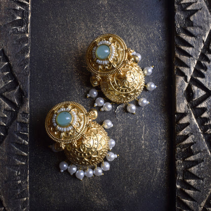 Manmohini Pearl and Gem Matt Gold Ghungroo Jhumka