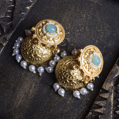 Manmohini Pearl and Gem Matt Gold Ghungroo Jhumka