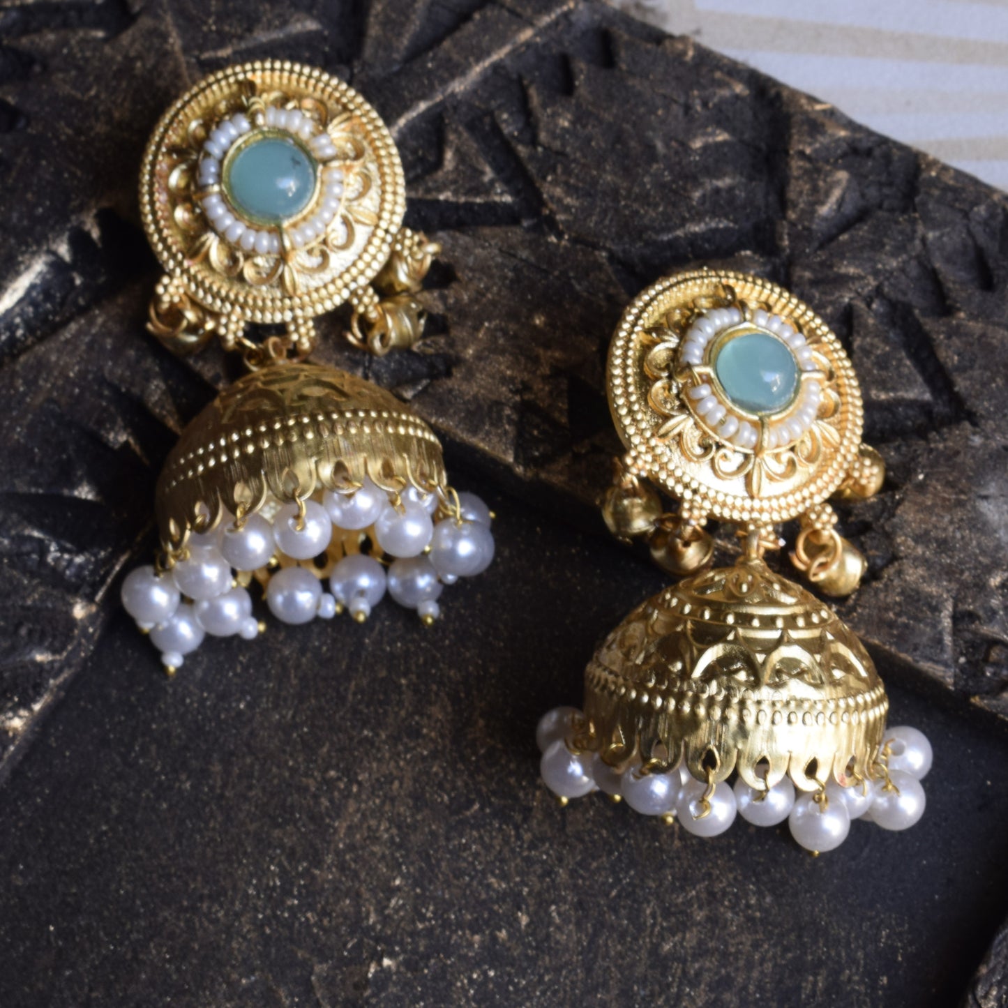 Manmohini Pearl and Gem Matt Gold Ghungroo Jhumka