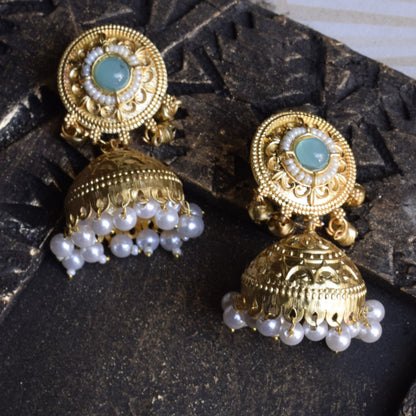 Manmohini Pearl and Gem Matt Gold Ghungroo Jhumka