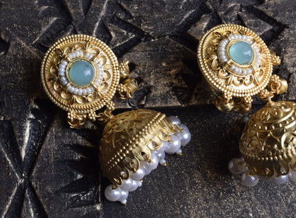 Manmohini Pearl and Gem Matt Gold Ghungroo Jhumka