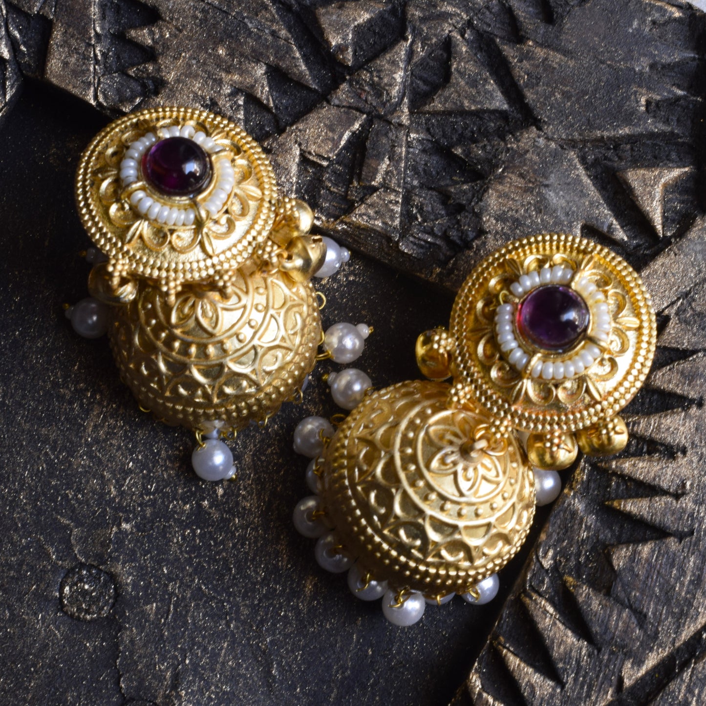 Manmohini Pearl and Gem Matt Gold Ghungroo Jhumka