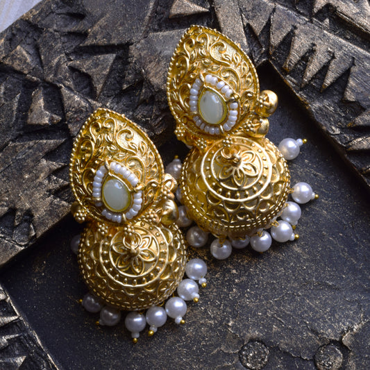 Kishalaya Pearl and Gem Matt Gold Ghungroo Jhumka