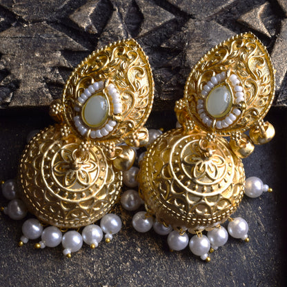 Kishalaya Pearl and Gem Matt Gold Ghungroo Jhumka