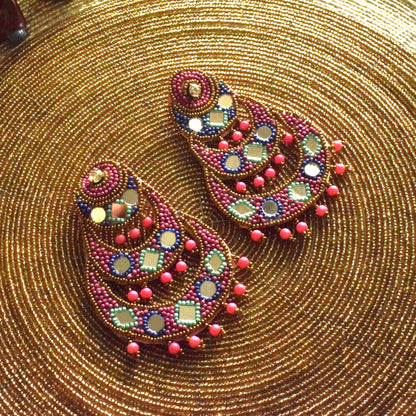 Handcrafted Pink and Green Mirror Bead Chandbali