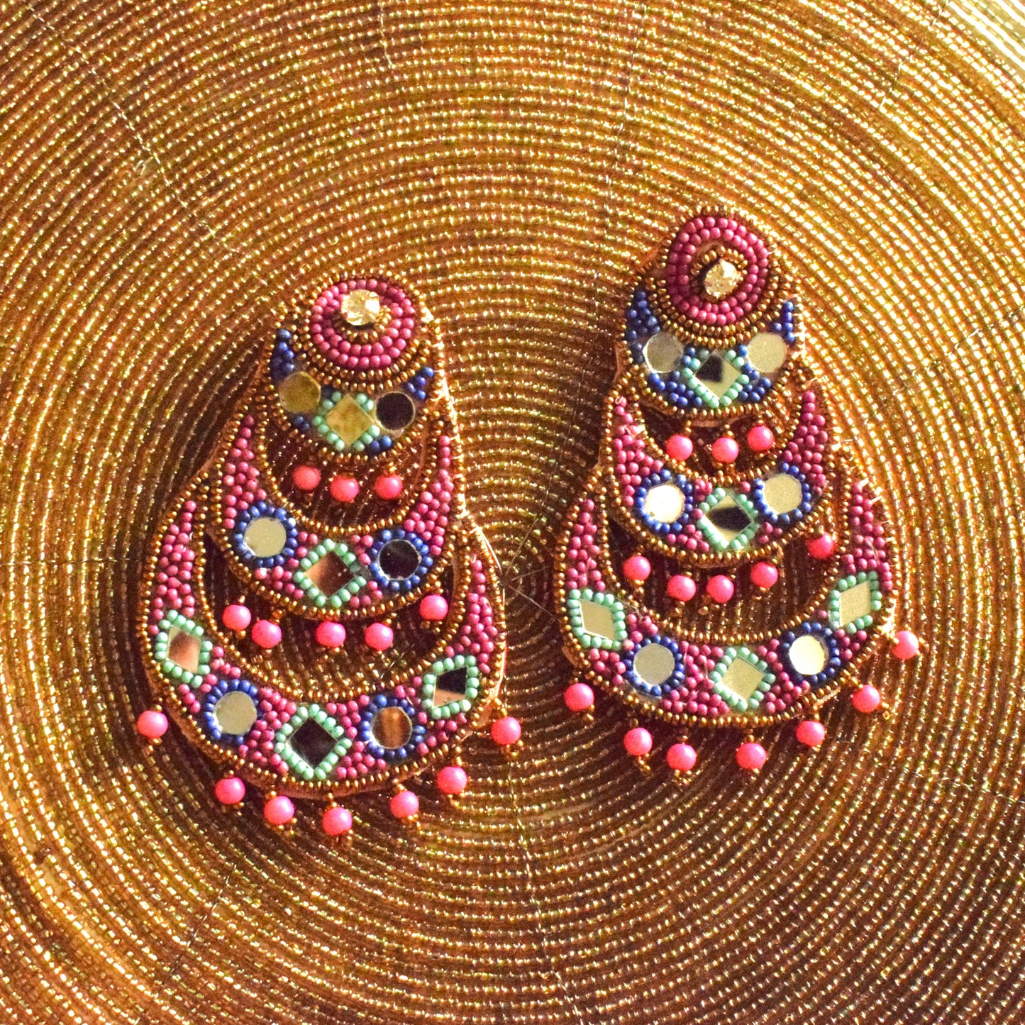 Handcrafted Pink and Green Mirror Bead Chandbali