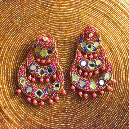 Handcrafted Pink and Green Mirror Bead Chandbali