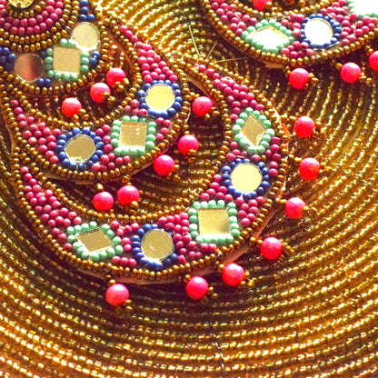 Handcrafted Pink and Green Mirror Bead Chandbali