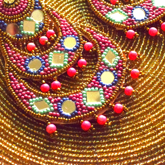 Handcrafted Pink and Green Mirror Bead Chandbali