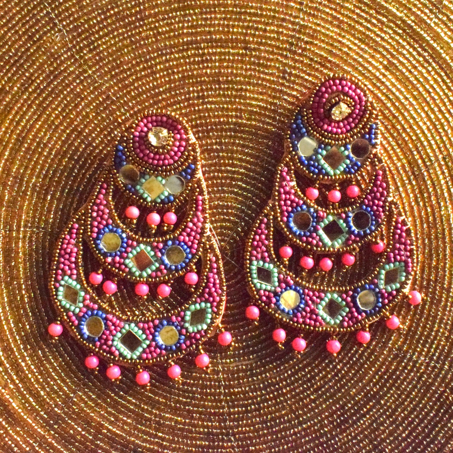 Handcrafted Pink and Green Mirror Bead Chandbali