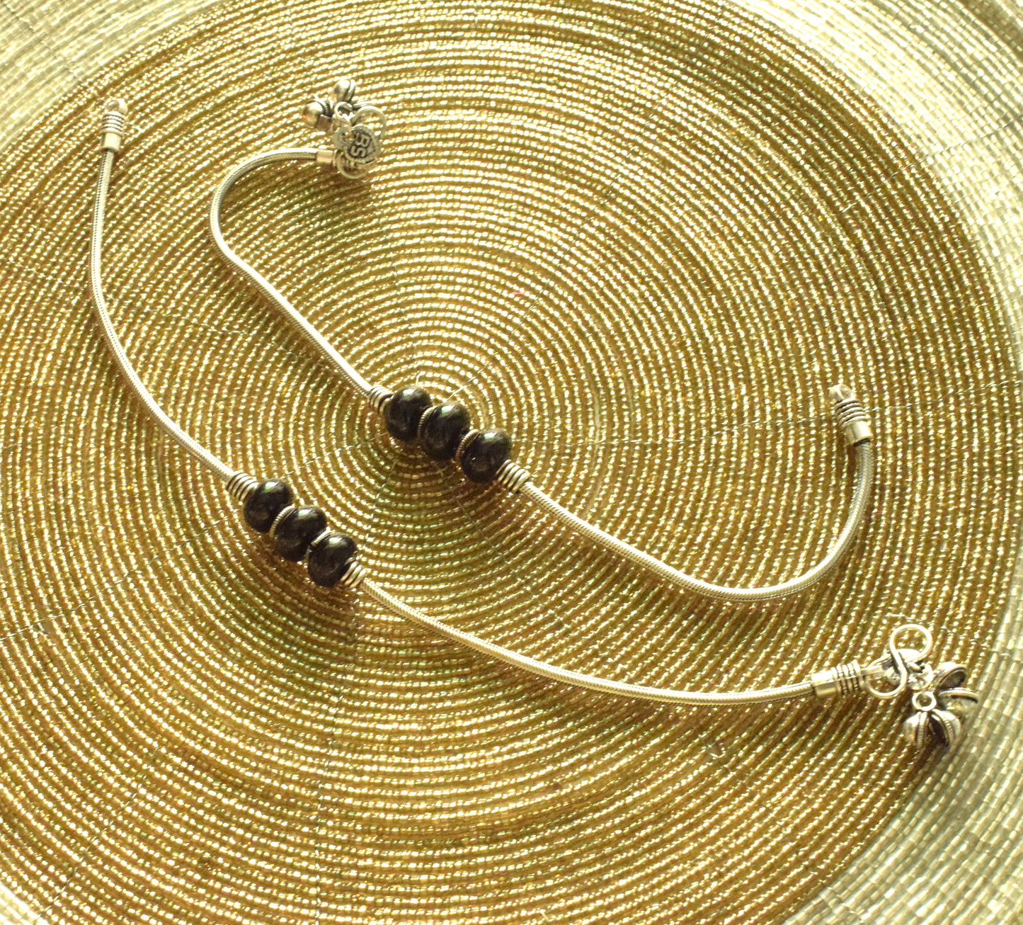 Black Bead Tribal German Silver Anklet