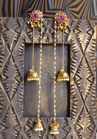 Ruby Pink Kumud Earrings with Ghungroo & Jhumka Kashmiri Latkan